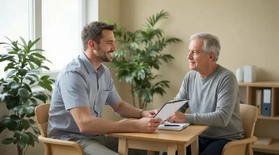 A coach holding a tablet talks with an older man at a table.