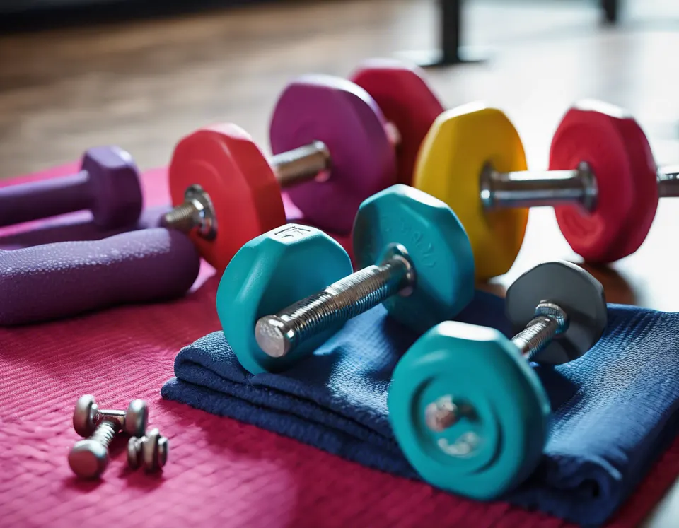 Colorful dumbbells and a rolled towel rest on a pink exercise mat.