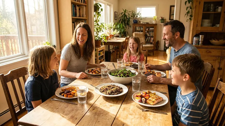 A family of four laughs while sharing salmon, rice and vegetables at dinner.