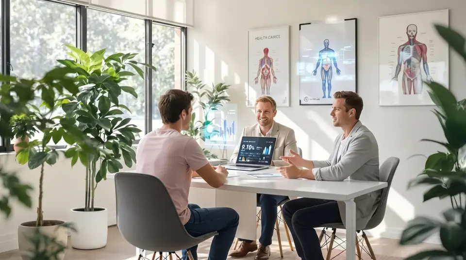 Three men talk at a white table in a bright office with anatomy posters.