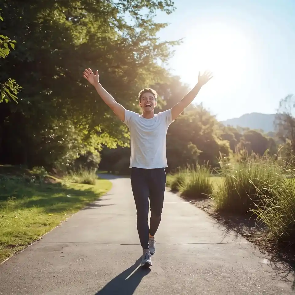 A smiling young man raises both arms while walking on a sunny park path.