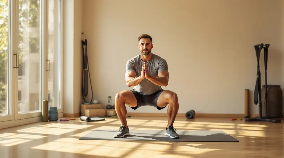A man in a gray T-shirt does a bodyweight squat on a home mat.