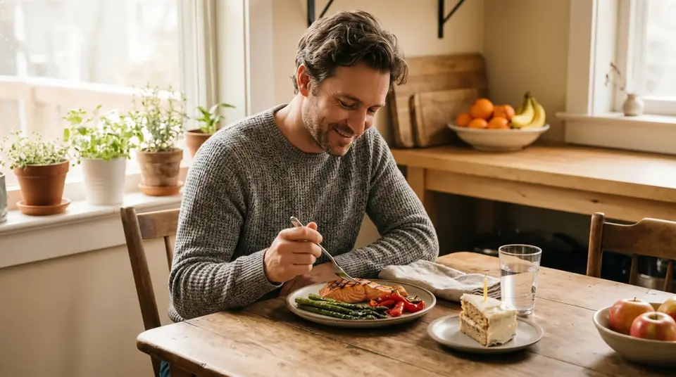 A man eats salmon and asparagus beside a slice of cake.