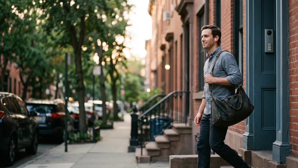 A man with earbuds and a gym bag steps out of his brownstone after work.