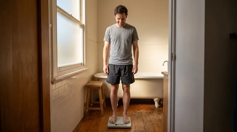 A smiling man in shorts looks down at a bathroom scale under his feet.