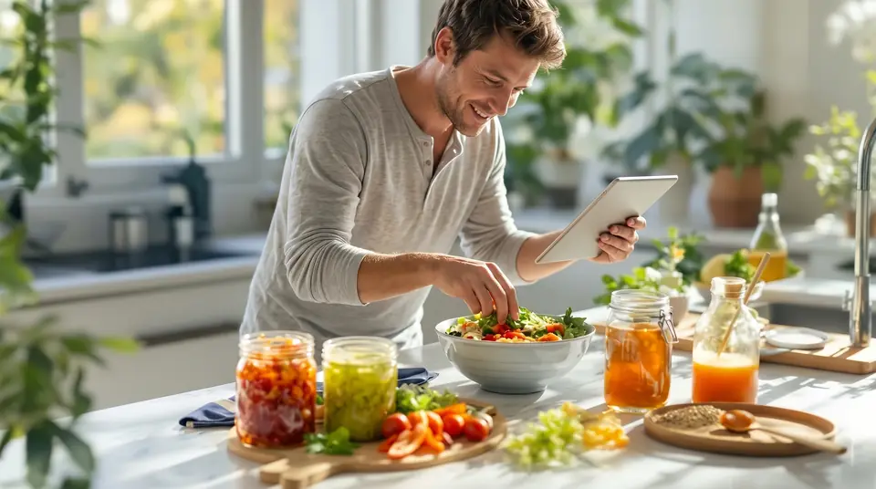 A man checks a tablet while making a salad beside jars of fermented foods.