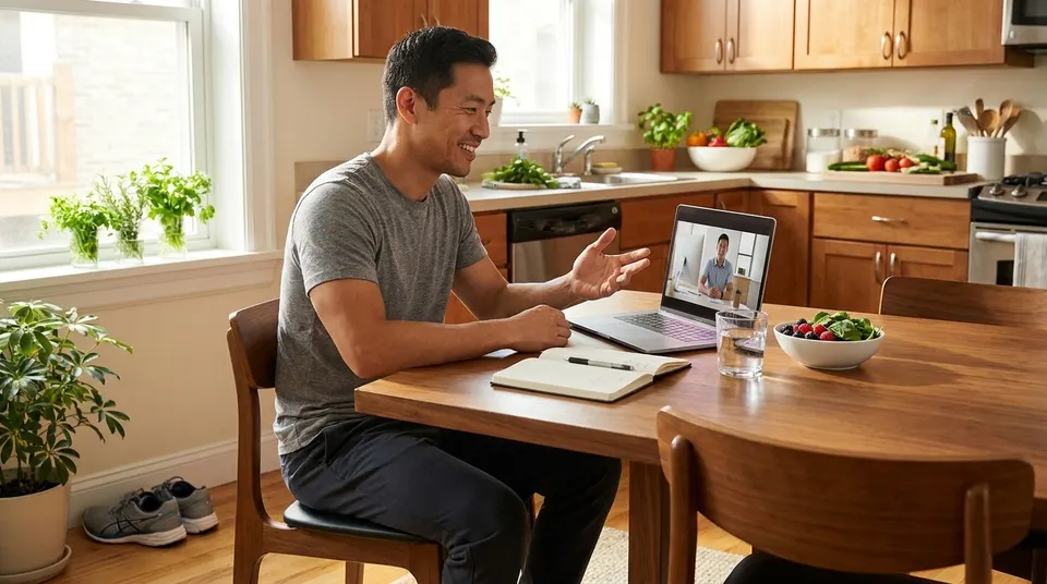A smiling man at his kitchen table talks with his coach on a laptop.