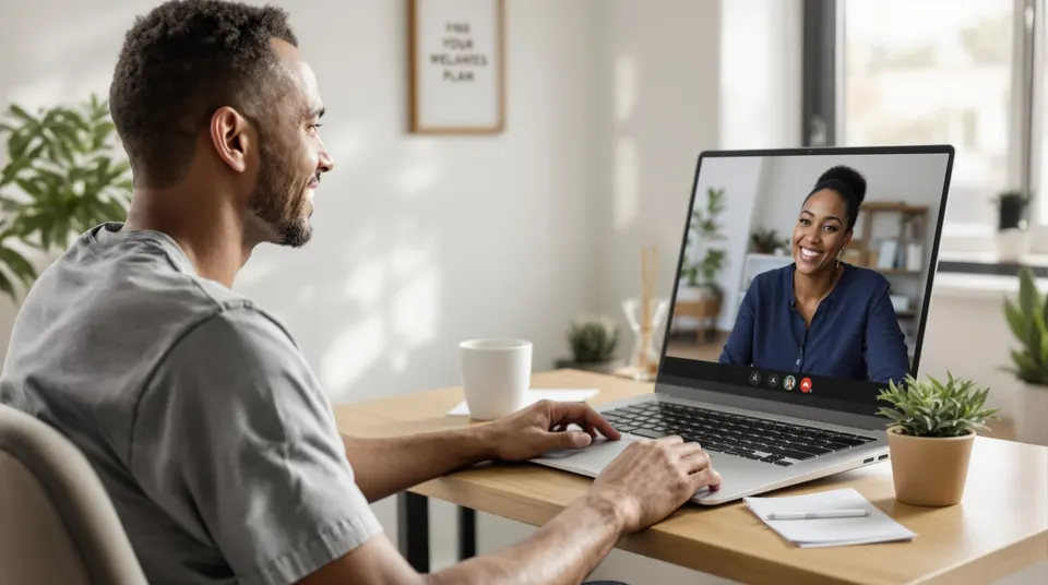 A man at his home desk joins a video call with his health coach.