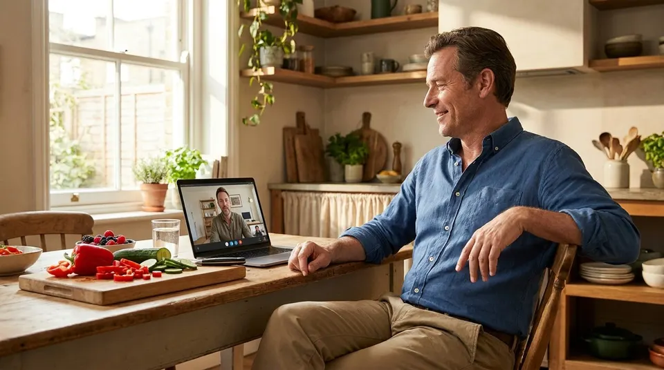 A smiling man in a blue shirt joins a video call from his kitchen.