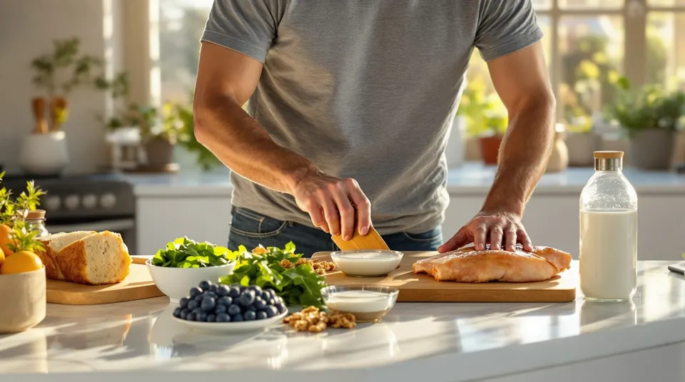 A man prepares bread, greens and blueberries on a bright kitchen counter.