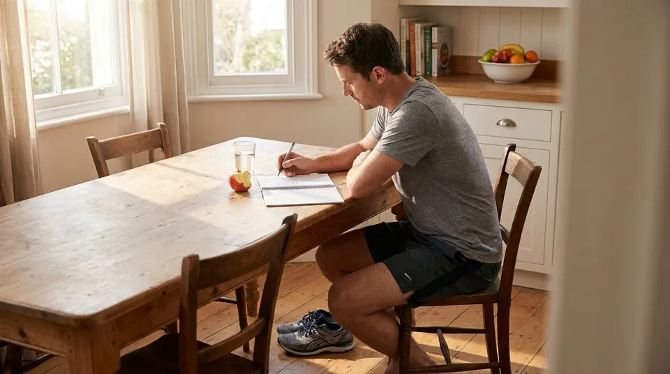 A man leans over an open notebook at his kitchen table in morning sunlight.