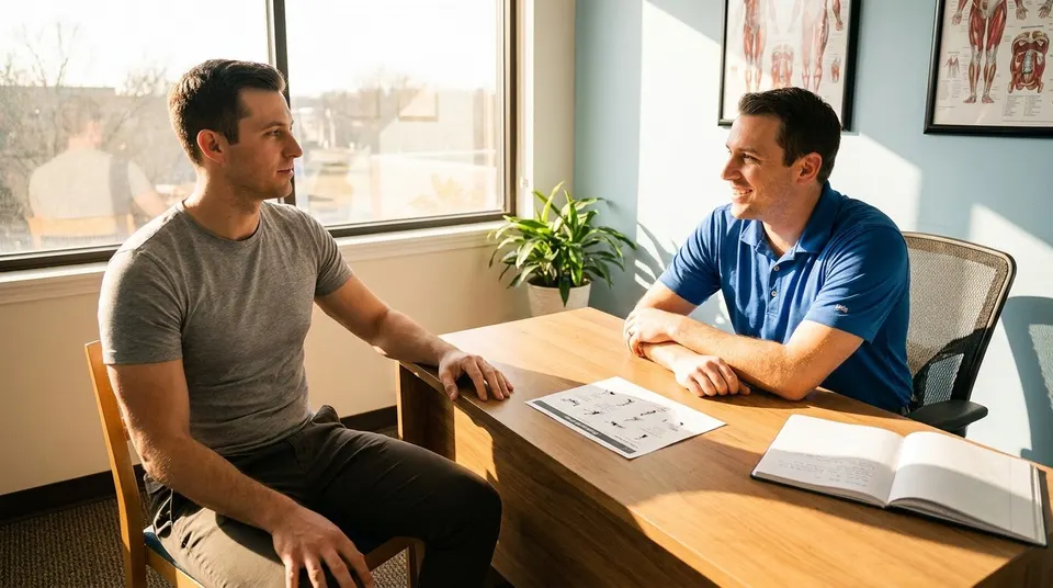 A man reviews an exercise plan with his coach in a bright office.