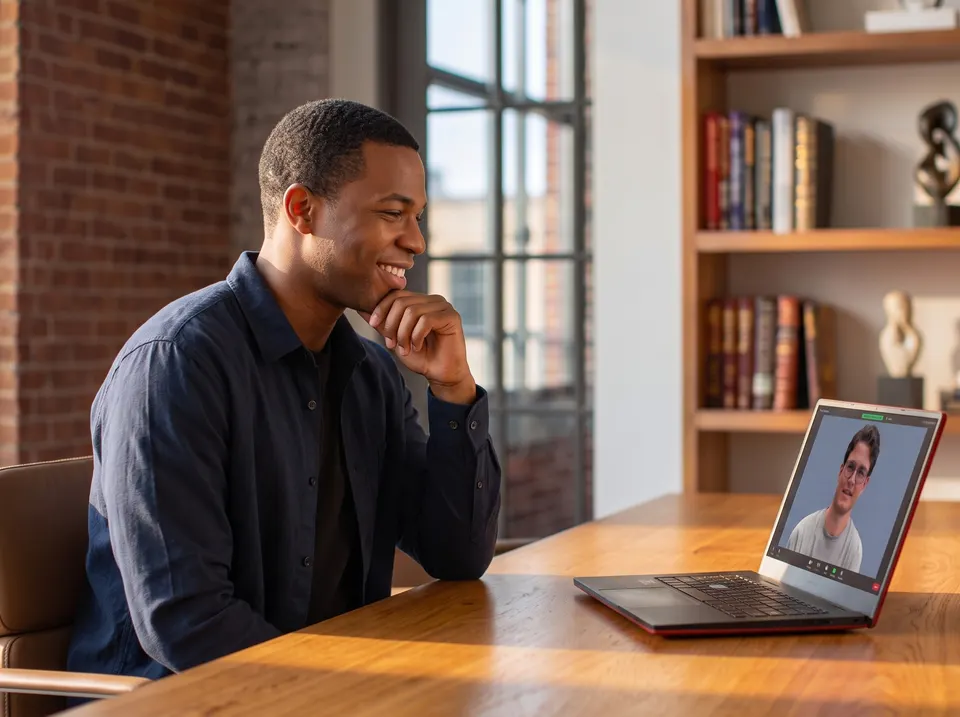 A young man at a wooden desk smiles during a laptop video call.