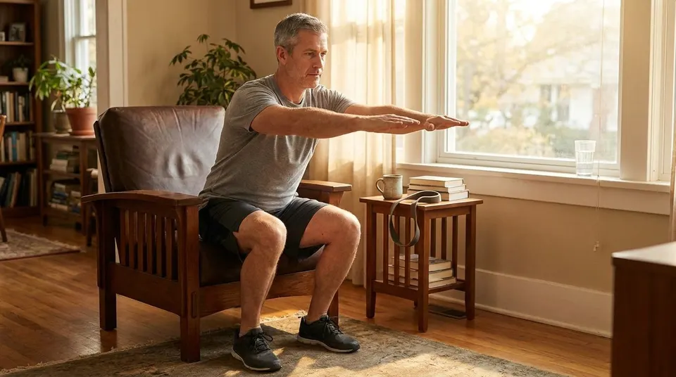 A man does a slow bodyweight squat from a chair in his living room.