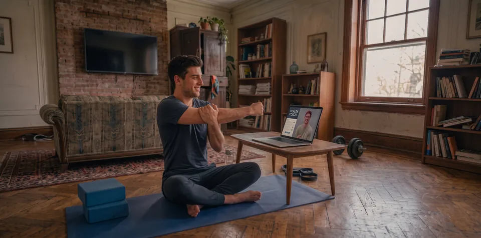 A young man stretches on a yoga mat during an online health coaching call.