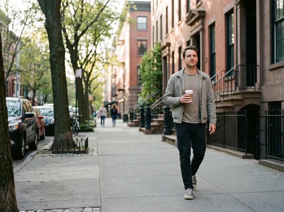 A man walks down a tree-lined city sidewalk holding a coffee.