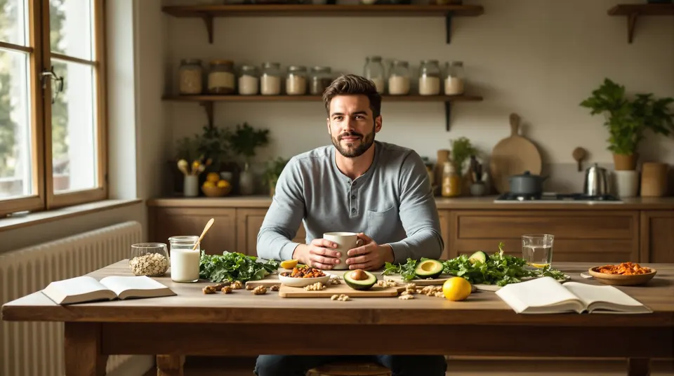 A relaxed man holds a mug beside greens, avocado and kimchi in his kitchen.