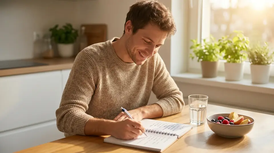 A smiling man writes goals in a notebook at a sunny kitchen table.