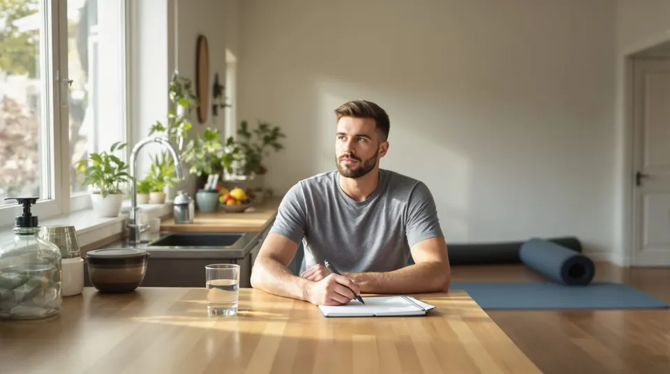 A man in a gray T-shirt writes notes at a sunny kitchen table.