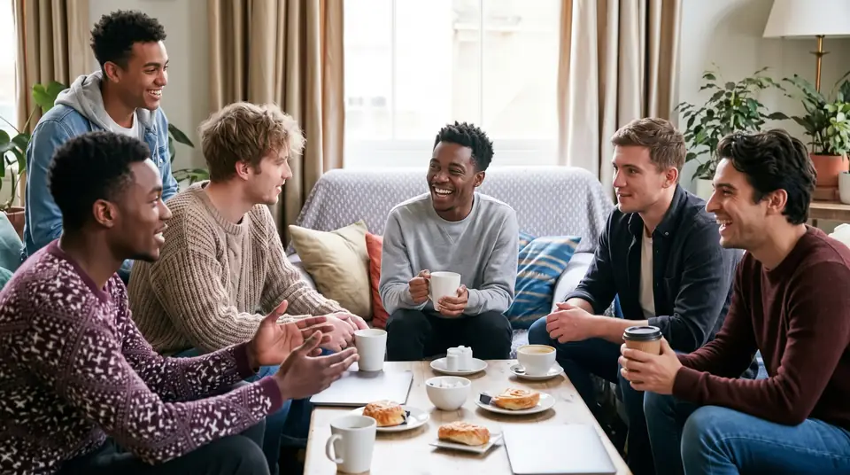 Six young men laugh and talk over coffee and pastries in a living room.