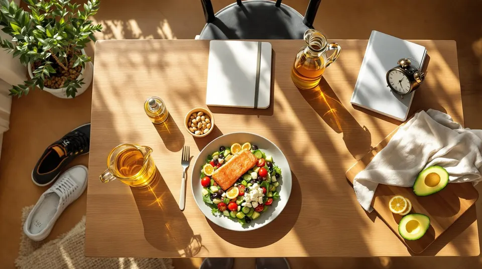 A salmon salad, journal, alarm clock and tea sit on a sunlit wooden table.
