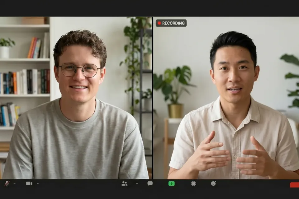 Two men talk face to face on a split-screen video call.