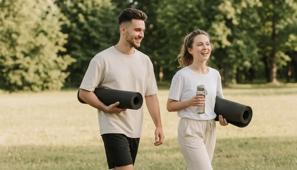 A young couple carrying yoga mats walks across a sunny park lawn, smiling.